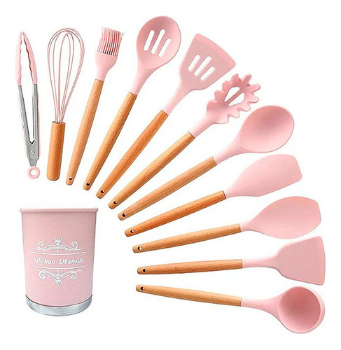 Kit Utensílios De Cozinha Silicone Suporte 12 Peças Madeira