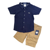 Conjunto Social Camisa Botão Infantil +bermuda Caqui Juvenil