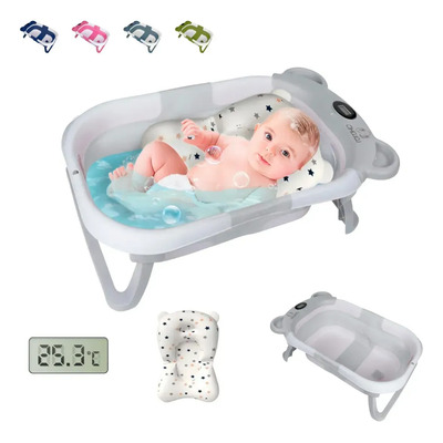 Bañera Bebés Plegable Tina De Baño Con Cojín Y Termómetro Gris Orejas | Envío gratis