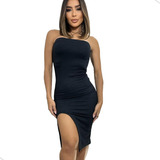 Vestido Tomara Caia Canelado Moda Gringa Fenda Lateral Midi