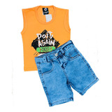 Shorts Jeans 1 Ao 8 Infantil + Camiseta Regata Menino Kit 