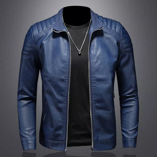 Chaqueta De Cuero Ajustada Con Cuello Alto Para Hombre