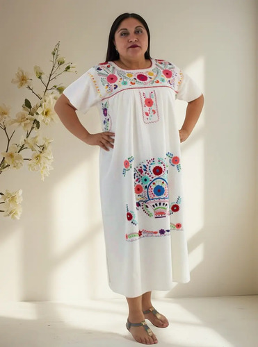 Vestido Mexicano Manta Bordado A Mano Talla L