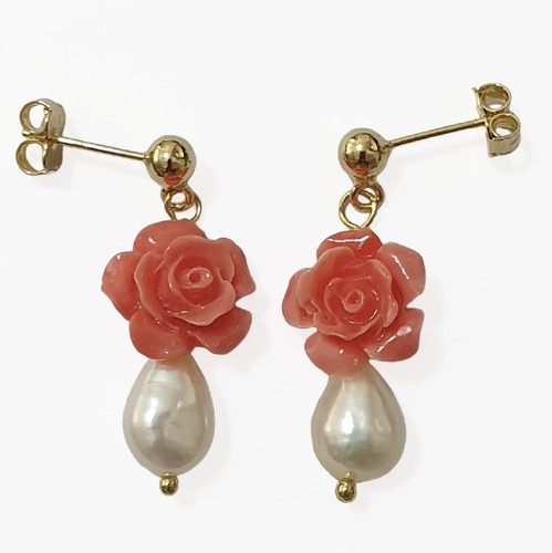 Aros Coral Rosita, Perla Biwa 7mm Agua Dulce Plata925 Oro18k