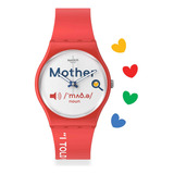 Reloj Swatch All About Mom Gz713 Correa Rojo Bisel Rojo Fondo Rojo