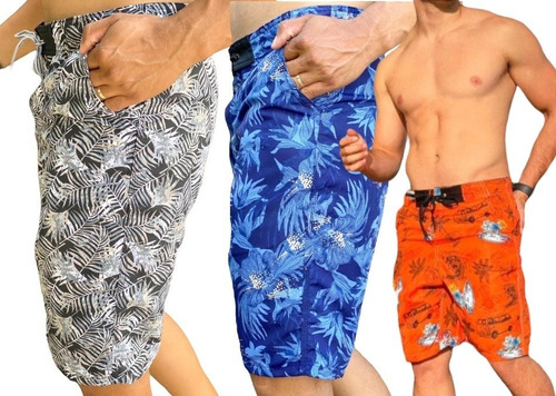  Kit 3 Short Masculino Tactel Estampada Praia Surf  Banho