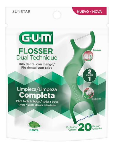 Hilo Dental Flosser Gum Técnica 2 En 1 X 20 Unidades