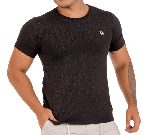 Camiseta Malha Algodão Preta Texturizada Gola Careca