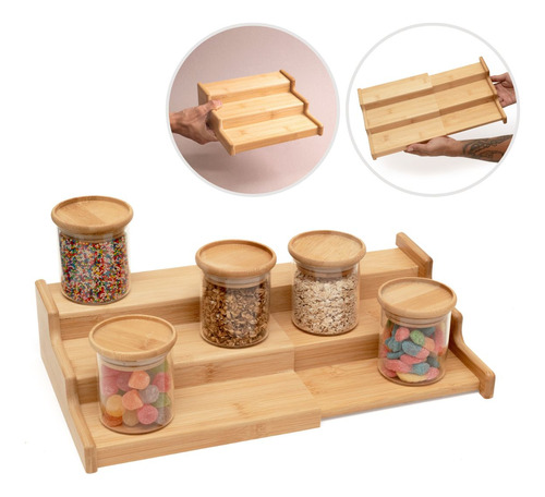 Suporte Organizador De Potes De Cozinha Extensivel De Bambu