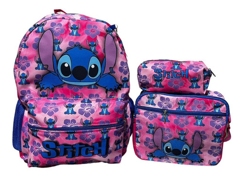 Kit Mochila Escolar Costas Stitch Rosa+lanch+estojo 