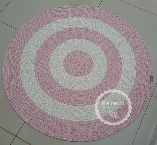 Tapete Redondo Crochê 1,20m Quarto De Menina Off White Rosa 