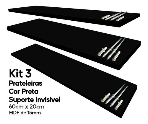 Kit 3 Prateleira Preta Mdf 60x20 Suporte Invisível Decoração