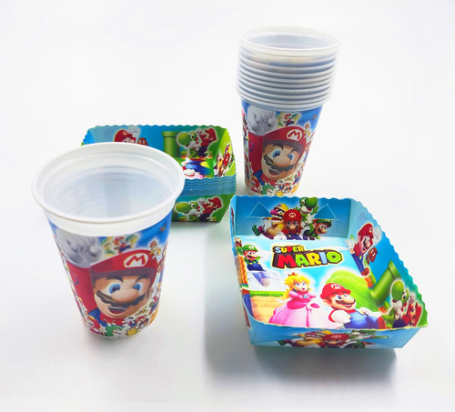 Kit 12 Vasos 12 Platos Decorativos Mario Bros 1