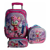 Kit Mochila Sonic Para Niña Con Ruedas Lapicera Lonchera 