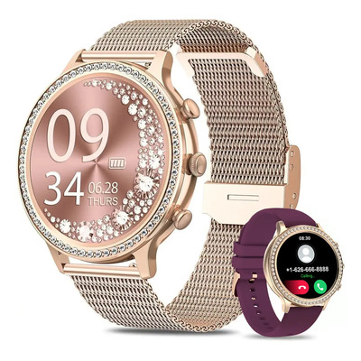 Reloj Inteligente Mujer Smartwatch Elegante Llamada Bluetooth Pulsómetro Oxímetro Caja Oro Rosa Correa Acero Inoxidable y Silicona Borgoña Compatible Android iOS | Meses sin interés