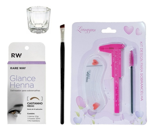 Kit Henna Glance Sobrancelha Pincel Paquímetro Escova Dappen Cor Castanho Médio