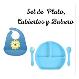 Set De Alimentación Silicona Bebé Plato+ Cubiertos + Babero 