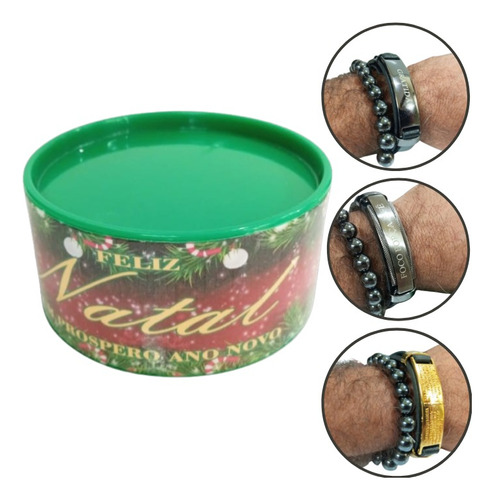 Pulseira Masculina De Couro Com Aço E Hematita 10mm Natal