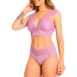 Conjunto Sutiã Cropped Sem Bojo Calcinha Cós Renda Lingerie