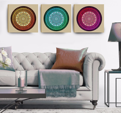 Quadro Decorativo Mandalas Coloridas  40x120 -  3 Peças