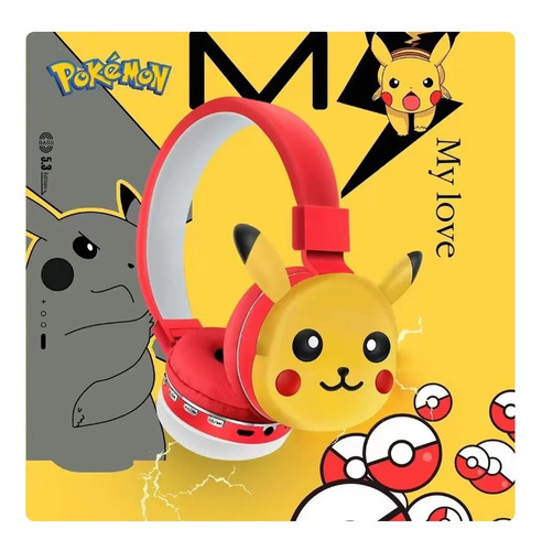 Head Phone Amarelo Bluetooth Sem Fio Pokemon Pikachu A-05a