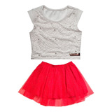 Conjunto Infantil Blusa Cropped + Saia Rodada Tule Vermelha