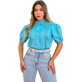 Camisa Blusa Feminina 100% Algodão Com Bordado Na Gola Top