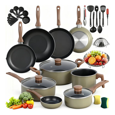 Batería De Cocina Latatl 34 Piezas, 9 Juegos de Ollas y Sartenes, Color Verde, Juego De Sartenes Wok Y Ollas Antiadherentes, Compatible Con Gas, Incluye Cucharas Pinzas Vaporera Delantal Paños | Envío gratis