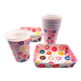 Kit Fiesta Vasos Platos Dona Candy Rosado X 12 Unidades