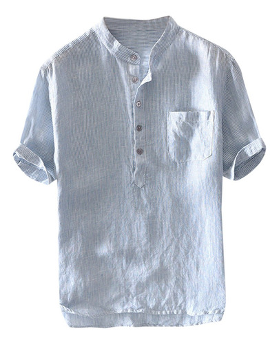 Camisa Masculina J Com Listras Largas, Algodão E Linho, Botã