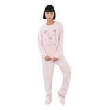 Pijama Mujer Polar Caras Rosado Gato Corona