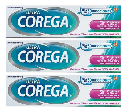 Combo X3 Ultra Corega Crema Adhesiva Sin Sabor 40gr