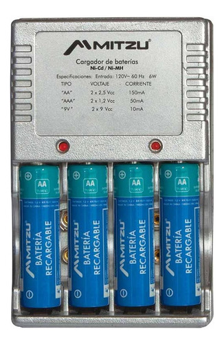 Cargador De Pilas Aa, Aaa Y 9v Mitzu Con 4 Baterias