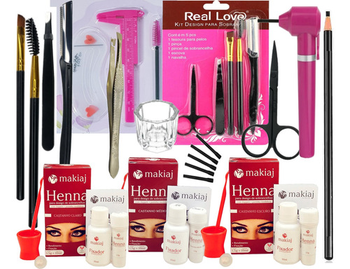 Kit Desing Sobrancelha Henna Macrilan Pinça Lapis Mixer Rosa