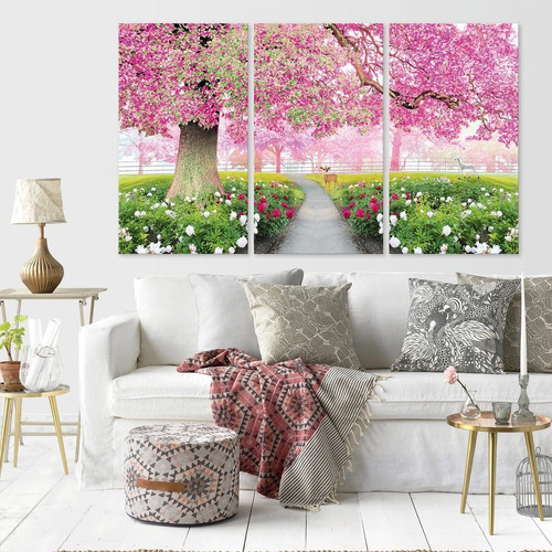 Cuadros Arboles Flores Rosa Rosado En Canvas 3 Pz Triptico