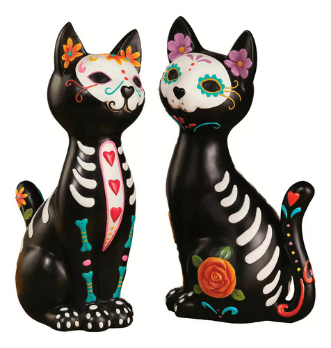 Set 2 Gatos Decorativos Pintados A Mano De Resina Halloween 