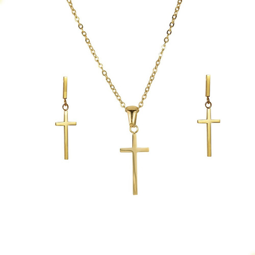 Juego Cadena Con Dije + Aretes Largos Cruz Oro Laminado 24k