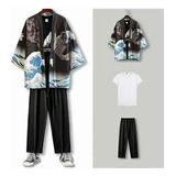 Kimono Bordado Japonés Yukata Verde For Hombre, 3 Partes