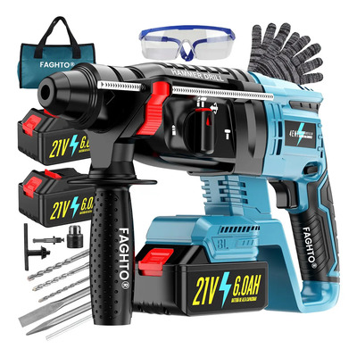 3200W Taladro Rotomartillo Inalámbrico Sds-plus Industrial FAGHTO® Martillo Cincelador Perforador Con 21V 2*6000mAH Baterías Kits De Martillo Rotomartillo Cincelador Perforador Con Embrague Automático | Envío gratis