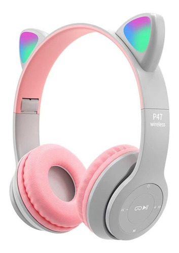 Audifonos Inalambrico Bluetooth P47 Orejas De Gato Rgb Color Gris