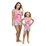 Kit Pijama Mãe E Filha Baby Doll Regata Cachorro Com Oculos