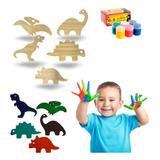 Brinquedo De Madeira Infantil Dino 5pçs + Tinta Guache