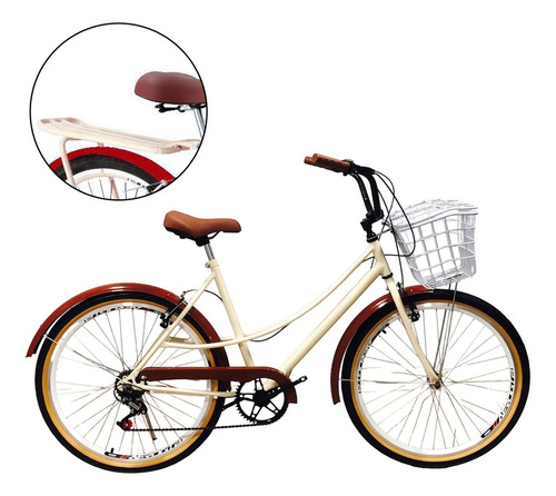 Bicicleta Aro 26 Feminina Retro Vintage 6 Marchas Com Garupa Cor Marrom