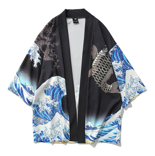 Roupas Masculinas Yukata Com Estampa De Ondas Leves