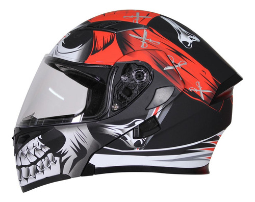 Casco Abatible R7 Racing En Negro Con Diseño De Calavera