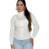 Blusa Grossa Tricot Lã Trançada Manga Longa Bufante Feminina