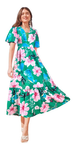 Vestido Maxi Largo Estampado Floral Manga Corta Elegante