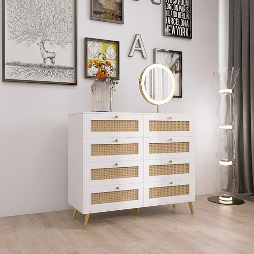 Ufuryride 8 Drawer Double Dresser For Bedroom, Rattan Chest.