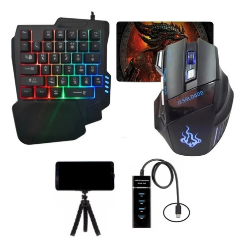 Kit Gamer Teclado One Hand E Mouse Hub Tipo C 3.0 Mobilador