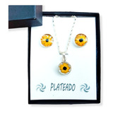 Collar De Girasol Circulo Plata Regalo Pareja Aretes Gratis!